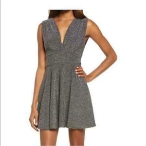 Fraiche Shimmer Deep V-Neck Fit & Flare Mini Dress M Sleeveless Low Cut Back NWT